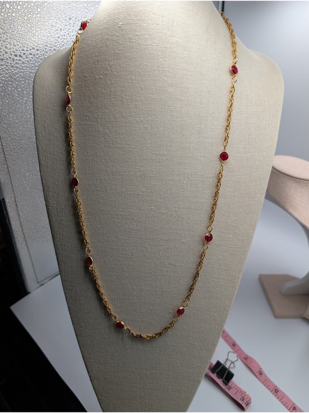 TWO SISTERS Gold Tone Chain Necklace Long Red Cabochon Station Fashion Jewelry